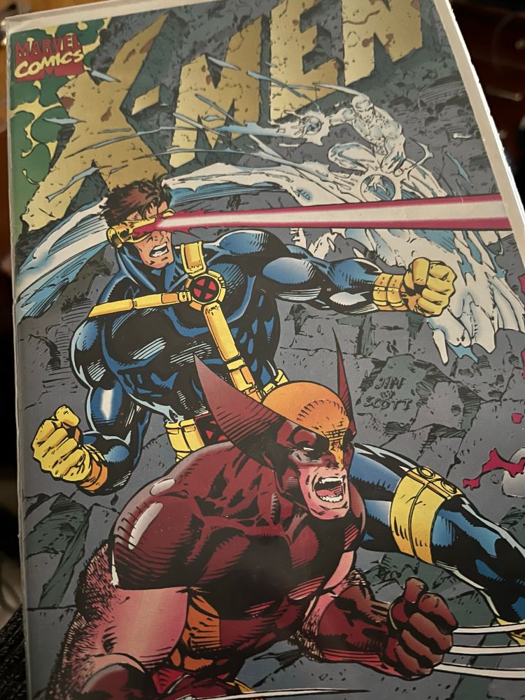 A picture of the X-MEN #1 issue (cover and interior art by Jim Lee, writing by Chris Claremont) from 1991. There were four different covers to this issue, this is the one with Cyclops and Wolverine.