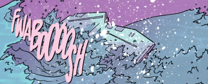 Part of the first panel from today's page of ATOMIC ROBO AND THE PERIL OF PROMETHEUS. The storm continues to rage of the titular Prometheus (decommissioned aircraft carrier converted into a mobile HQ and luxury yacht for the second richest man in the world's vanity orbital launch program). Huge waves batter the ship and threaten to capsize it!