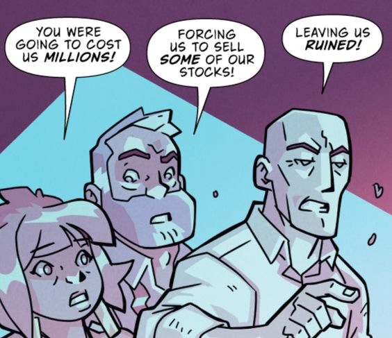 A panel from today's page of ATOMIC ROBO AND THE PERIL OF PROMETHEUS in which the surviving billionaires defend their actions.

Dr. Dormer says, "You were going to cost us millions!"

While Weston says, "Forcing us to sell some of our stocks!"

And Zebos finishes with, "Leaving us ruined!"