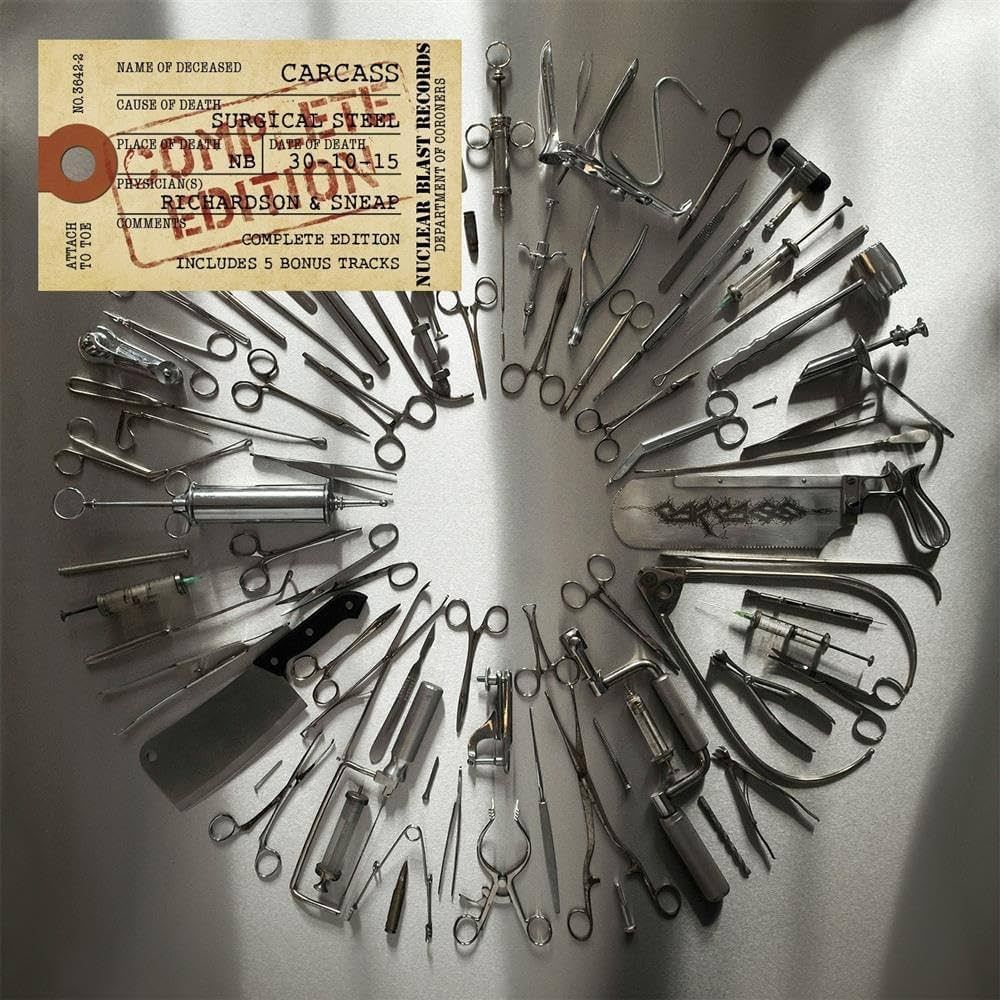 Album cover of Carcass' "Surgical Steel", with the image of an assortment of medical instruments arranged in the shape of a CD