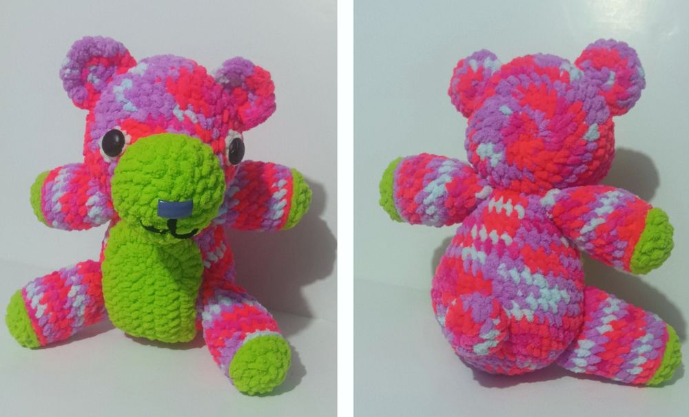 Pink, purple, light blue and lime green teddy bear 