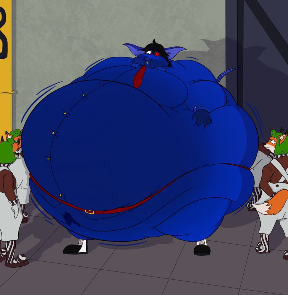 A recreation of the '71 Willy Wonka and the Chocolate Factory scene with my fursona, Rattos. He is taking the role of Violet's place in the invention room in inflated into a large blueberry. He is in mid-swell, hands on his massive belly with the Oompa Loompas already walking around and examining him.

The sheer humiliation of people watching, the feeling of swelling with blueberry juice and the mocking Oompa Loompa song has made him aroused. Under his belt, an erection pokes out rubbing against his underbelly which is already leaking a dark blue juice.