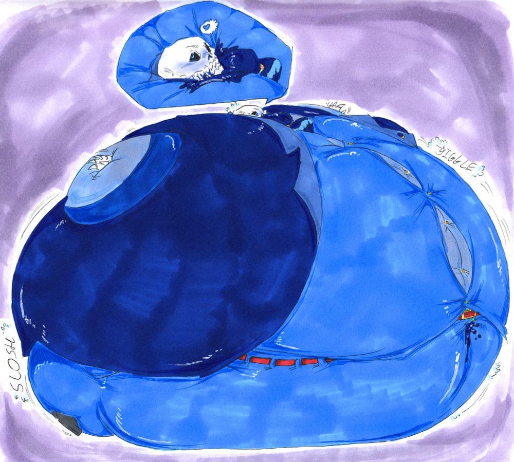 Kazimierz Wiływieśki (Kaz for short) enjoying one of his natural states of being completely inflated into a blueberry. There's a bit of juice leaking right underneath his belt and he has a bit of blush across his skull face.