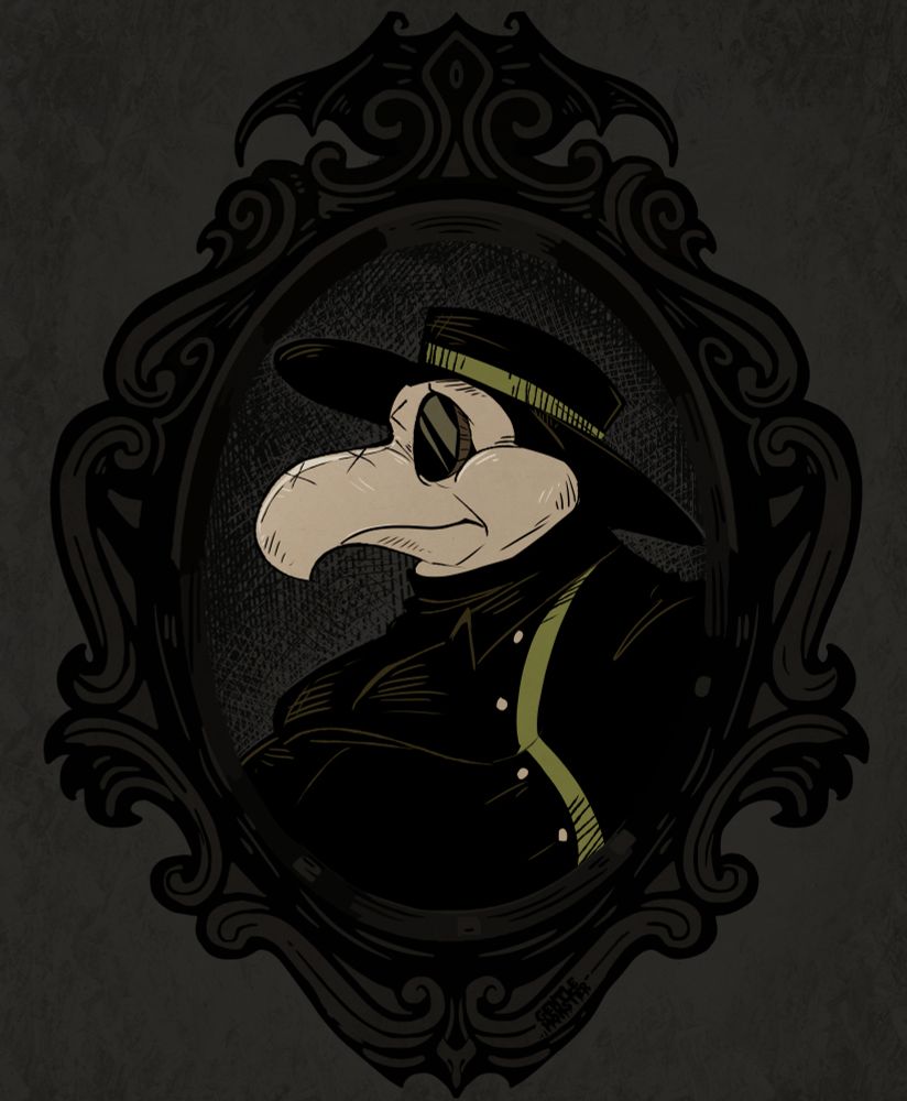 A side profile of Malato, a plague doctor, in a gothic frame.