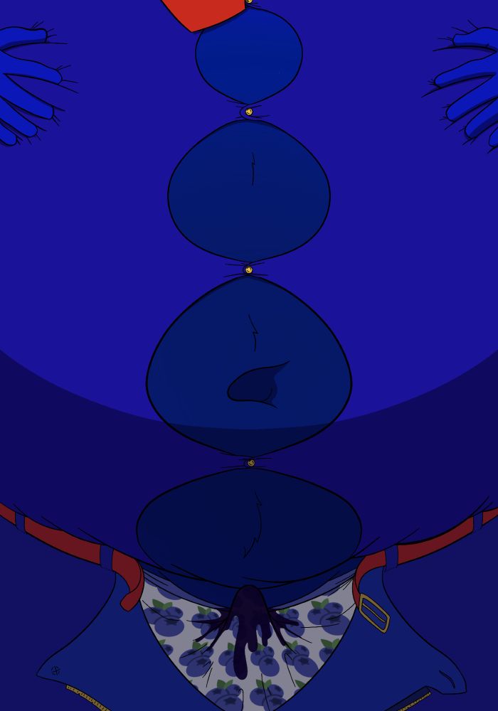 Close up of Rattos undergoing blueberrification. His button shirt is stretching to show his belly underneath while his two hands are reached as far across his belly as they can. His belt buckle has been undone by the swelling and his fly has been forced down. He has blueberry emoji-printed underwear which are stained dark with blueberry juice around where his boner is.
