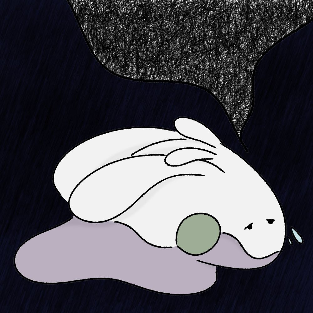 Procreate drawing of a sad greyscale Goomy, sloughed over and in distress, with a nearly black background and a chaotic thought cloud over its head 