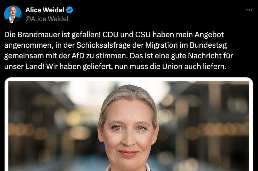 Post von Alice weidel, in dem sie behauptet, die CDU habe ihr Angebot zu einer gemeinsamen Abstimmung angenommen.