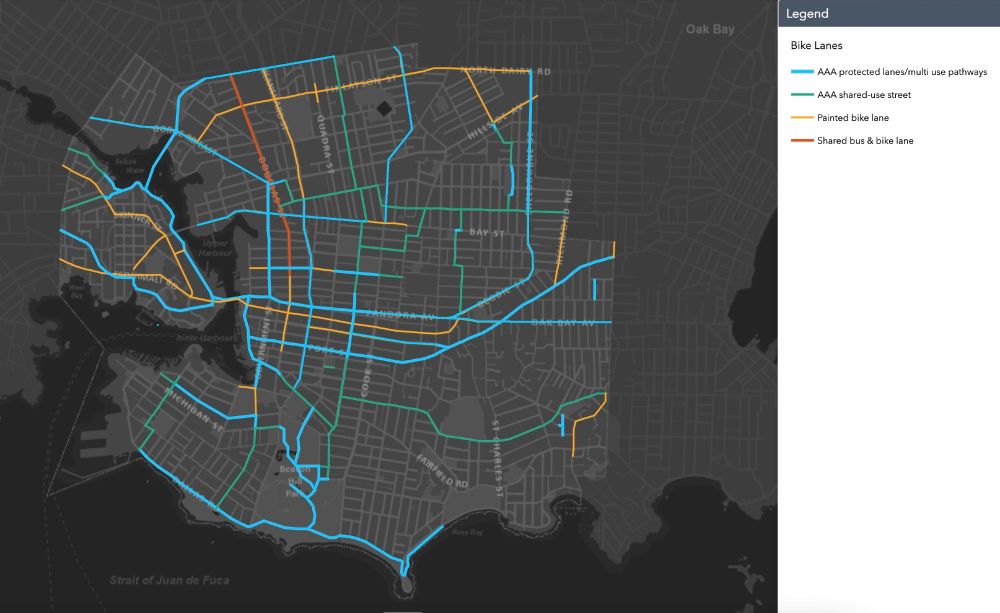 This is the same map of Victoria BC's bike routes but with protected bike lanes added on Gorge Road, Tolmie Ave, upper Cook Street, much of Bay and Blanshard Streets, Pandora Ave East of Cook, Shelbourne and Begbie Streets, Oak Bay Avenue, Yates Street east of Vancouver Street and some other smaller upgrades and connections.