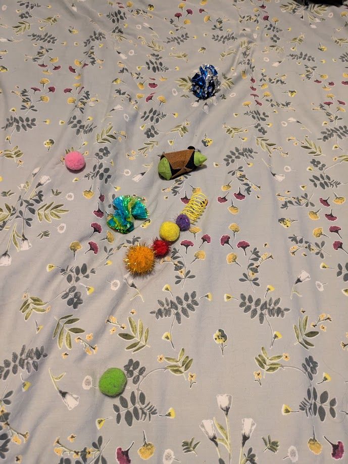 a pale blue floral duvet with several recently rescued cat toys on it: two crinkle balls, several pompoms, a spring, and a frankenstein mousie made of fabric