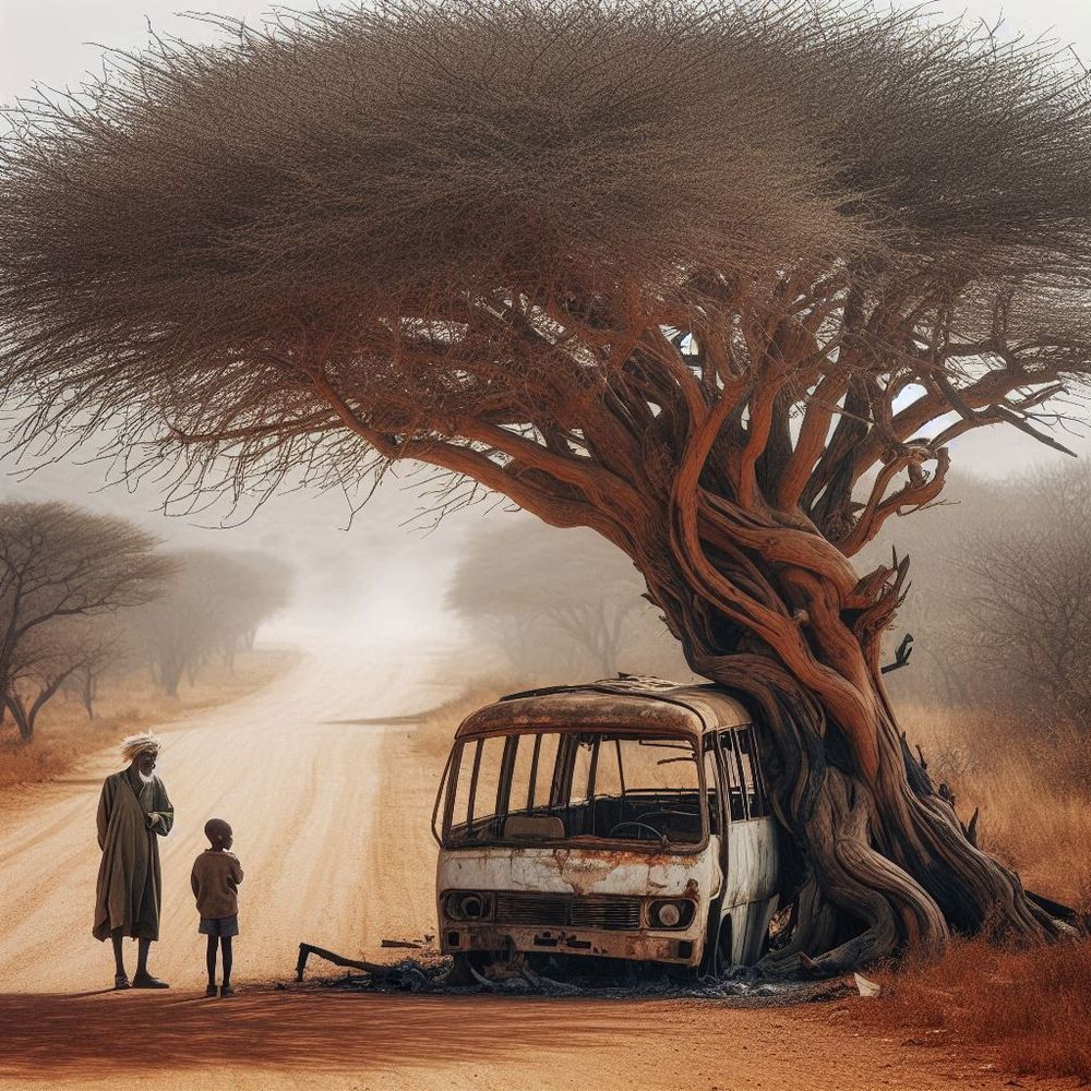 Interpretação de IA para uma das cenas do primeiro capítulo do livro Terra Sonâmbula, no qual um velho e um menino africanos  caminham por uma estrada poeirenta e observam, encostado a uma árvole de tronco retorcido, os restos de um micro ônibus incendiado há muito tempo.