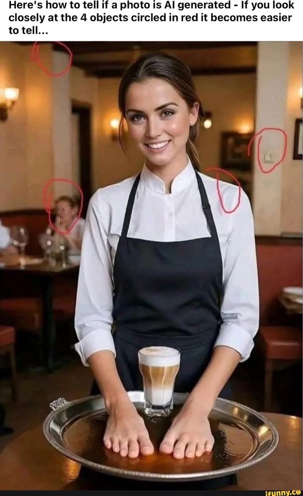 Das Bild zeigt eine Kellnerin, die einen Latte Macchiato auf einem Tablett trägt, wobei vier KI-generierte Artefakte im Bild zu sehen sind.

Das Bild zeigt eine junge, attraktive Kellnerin mit braunen Haaren und einem weißen Hemd und einer schwarzen Schürze. Sie trägt ein Lächeln im Gesicht und hält ein Tablett mit einem Latte Macchiato darauf. Die Füße der Kellnerin sind auch auf dem Tablett zu sehen.  Im Hintergrund ist ein verschwommener Restaurantbereich mit Tischen und Stühlen sichtbar. Eine weitere Person sitzt unscharf an einem Tisch im Hintergrund. Die Atmosphäre ist ruhig und gedämpft, vielleicht ein etwas gediegenes Restaurant. Der Gesamteindruck des Bildes ist zunächst positiv und freundlich, doch die eingekreisten Details im Bild weisen auf eine KI-Generierung hin. Die eingekreisten Bereiche zeigen Unregelmäßigkeiten, wie z.B. Pixelfehler oder unrealistische Texturen, die auf Algorithmusfehler hinweisen.  Das Bild provoziert also eine kritische Betrachtung dessen, was auf den ersten Blick perfekt aussieht. Die Stimmung ist ein wenig ironisch, da der offensichtliche Fokus auf der ansprechenden Kellnerin von der Hinweis-Überschrift und den eingekreisten „Fehlern“ in Frage gestellt wird.  Das Bild spielt auf die zunehmende Schwierigkeit an, KI-generierte Bilder von echten Fotos zu unterscheiden.
[Beschreibung generiert mit KI: https://imagedescriber.online/de]