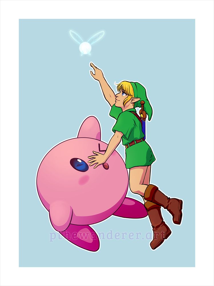 Cute drawing of Kirby and Ocarina of Time Link trying to catch Navi
