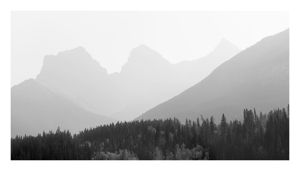 Three Sisters Mountains on a hazy, smoky day. Leica M246 Monochrom camera + 50mm lens.