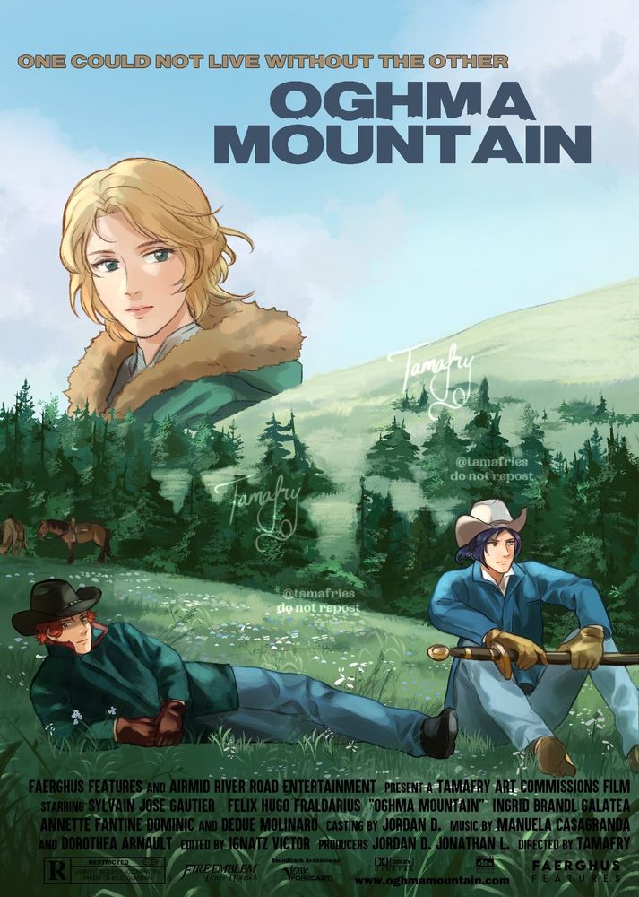 Commissioned artwork of Felix, Sylvain, and Ingrid in a movie poster parody pose of the movie Brokeback Mountain.