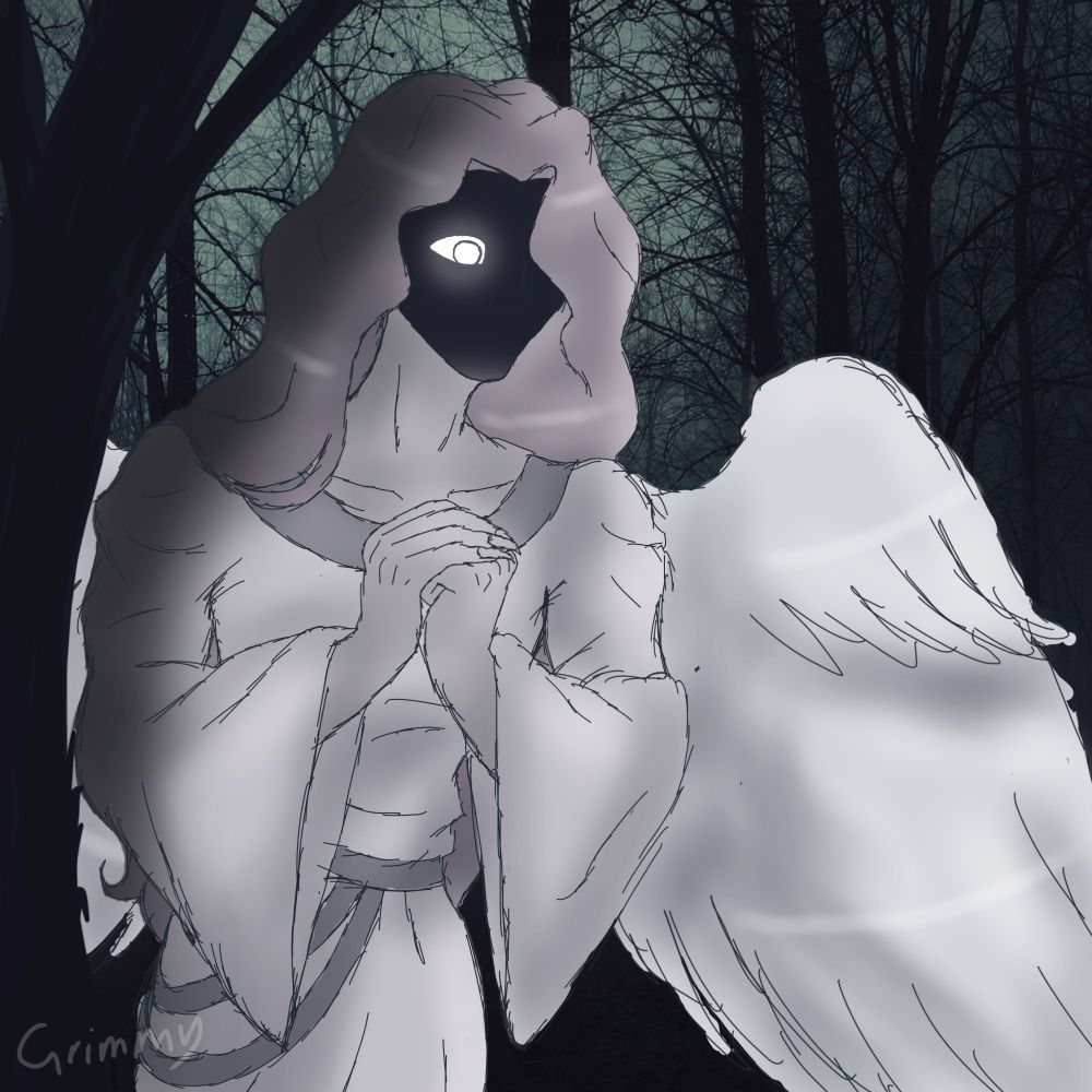 Colored sketch drawing of Archangel Gabriel from The Mandela Catalogue with a dark forested background behind him. No, I did not draw the background. It is a generic dark forest background I found on Google.