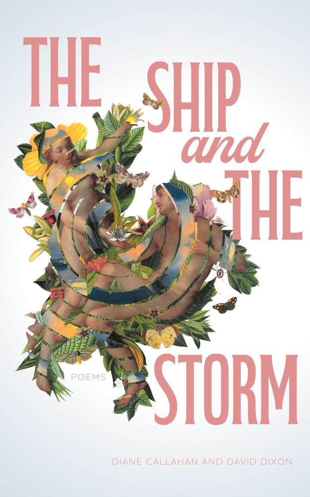front cover of the ship and the storm with a collage of adam and eve interspersed with a painting of a ship and flowers and moths in the background
