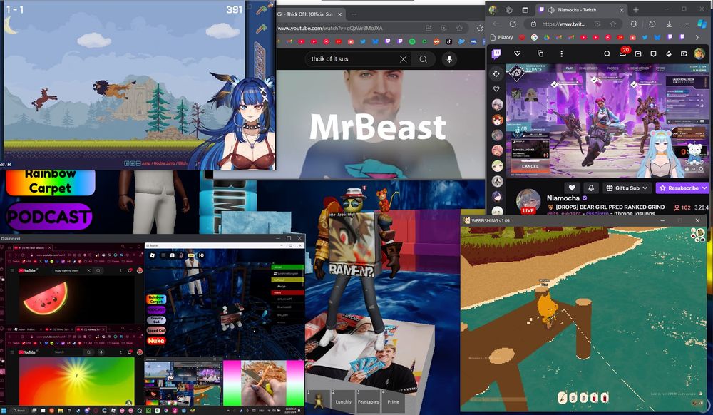 SunWon playing "CART RIDE INTO KSI SONG" on Roblox, a vod of Isaa Corva playing ROACH RACE in Cyberpunk 2077 on the top left, "KSI - Thick Of It (Official Sus Remix)" being played on top middle, Niamocha streaming Apex Legends on the top right, SunWon playing WEBFISHING on the bottom right, and Aku streaming the same game on Roblox along with other sensory content including a stream of SunWon streaming Aku streaming SunWon streaming...