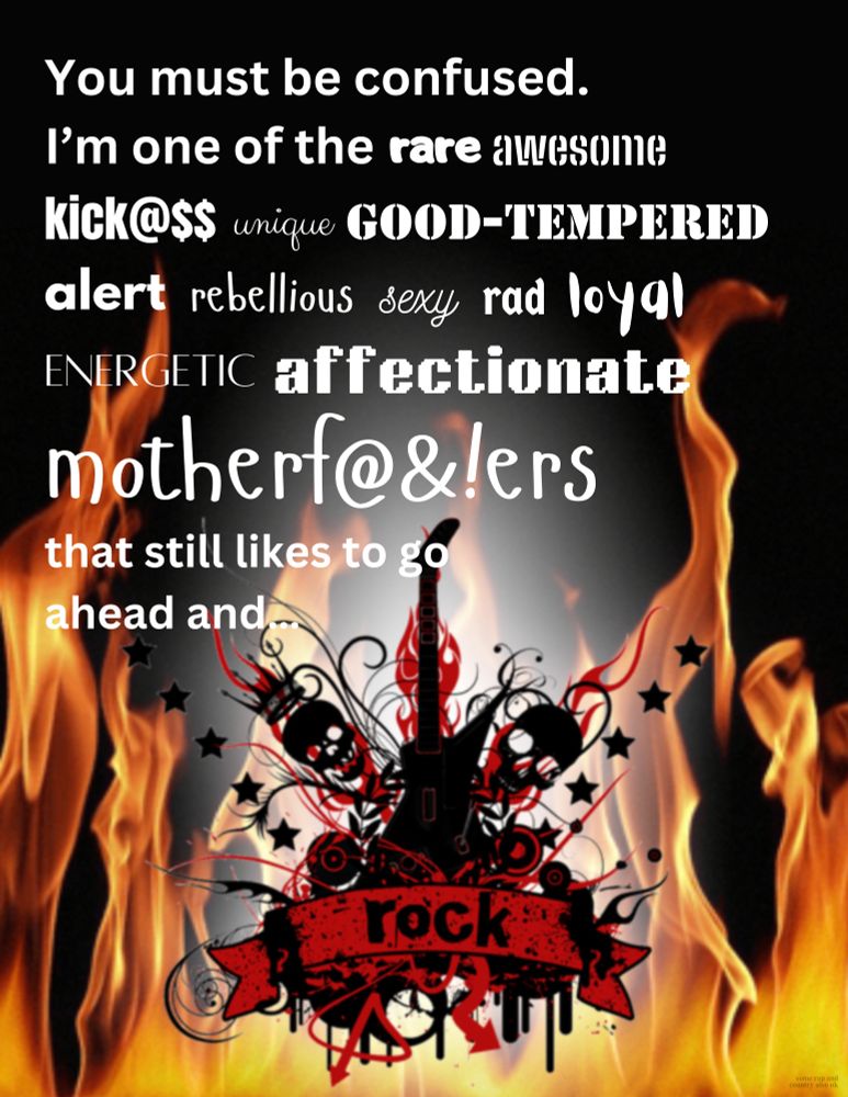 Flaming guitar image with million fonts that says:
You must be confused.
I'm one of the rare awesome
Kickass unique GOOD-TEMPERED
alert rebellious sexy rad loyal
ENERGETIC affectionate motherfuckers
that still likes to go ahead and… rock.

(some rap and country also ok)