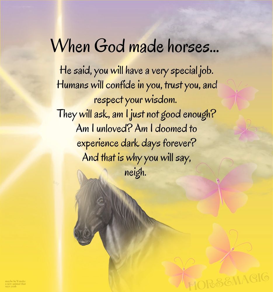 When God made horses... He said, you will have a very special job. Humans will confide in you, trust you, and respect your wisdom. They will ask, am I just not good enough? Am I unloved? Am I doomed to experience dark days forever? And that is why you will say, neigh.