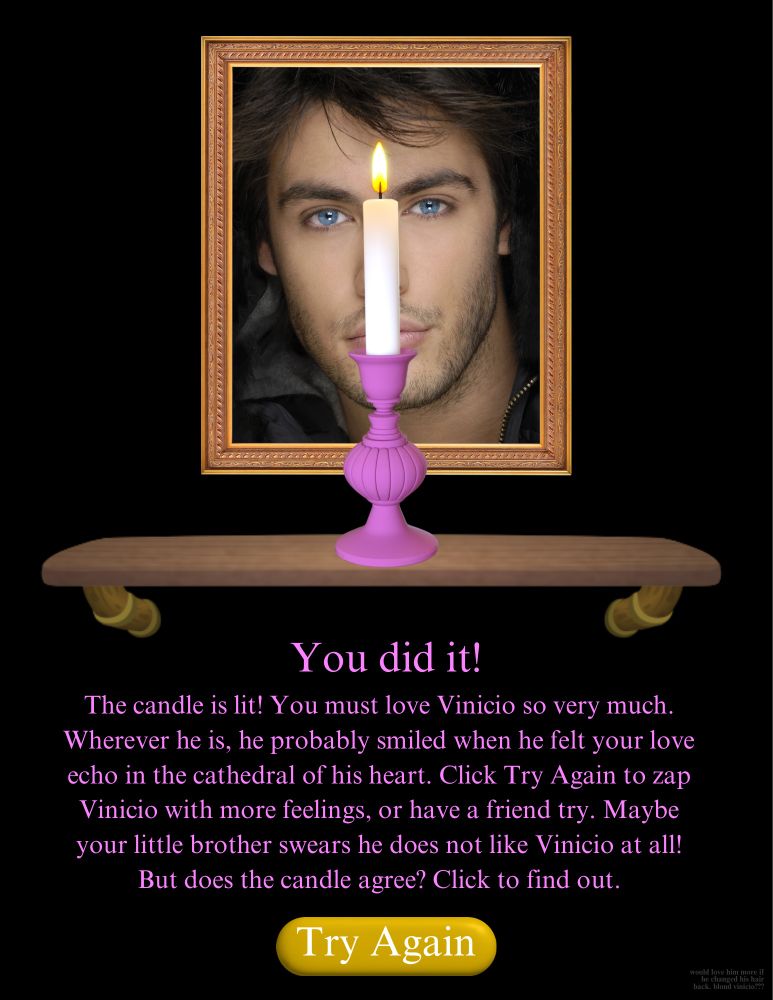 Same page and now the candle is lit! Text: You did it!
The candle is lit! You must love Vinicio so very much.
Wherever he is, he probably smiled when he felt your love echo in the cathedral of his heart. Click Try Again to zap Vinicio with more feelings, or have a friend try. Maybe your little brother swears he does not like Vinicio at all!
But does the candle agree? Click to find out.
Button: Try Again.

(I would love him more if he changed his hair back. Blond Vinicio???)
