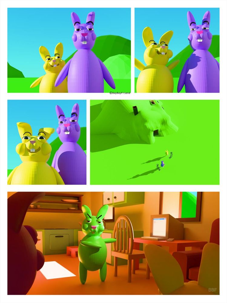 A yellow bunny and a purple bunny go over to a green bunny’s house. And the green bunny wants them to go on the computer. 

This is all rendered in an amateurish CG style. 