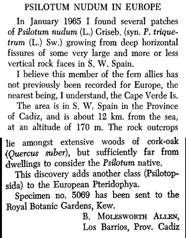 The short note where Molesworth communicated her finding of /Psilotum nudum/ in Southern Spain. Taxon. 15: 82, 1966