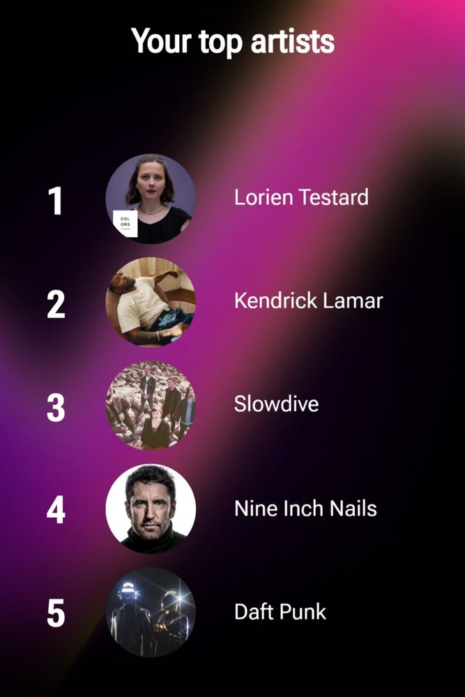 "Your top artists

Lorien Testard

Kendrick Lamar

Slowdive

Nine Inch Nails

Daft Punk"