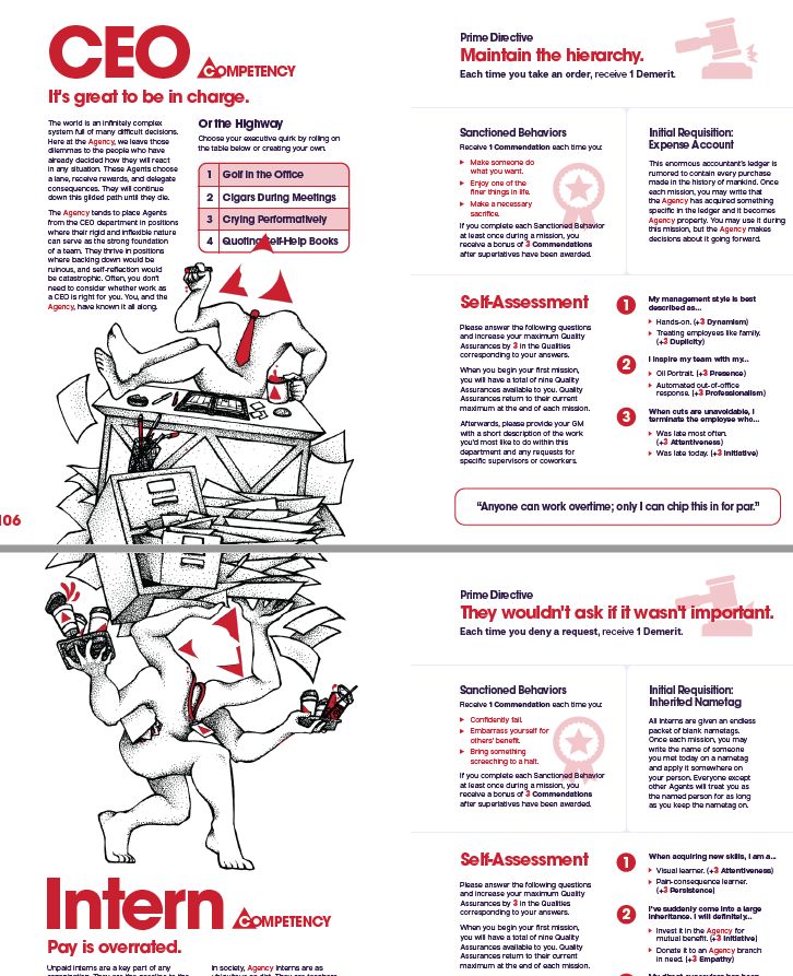 Illustration of the CEO and Intern pages in the Triangle Agency rulebook. The CEO is depicted at their desk, which is supported by a pile of papers and filing cabinets. On the nex page, we see the bottom half of the illustration, where the Intern is carrying all of those cabinets and papers on their overburdened shoulders.