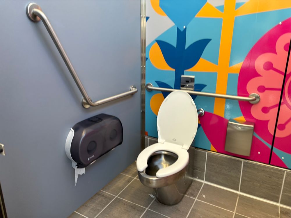 Toilet in accessible stall with grab bars on the right side and behind the toilet. 