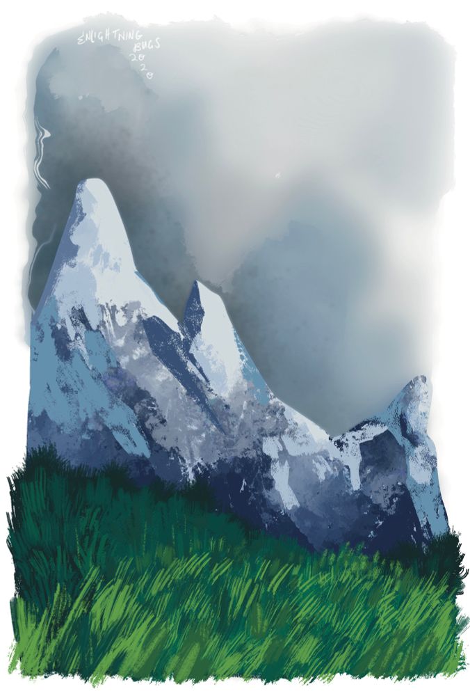 Some snowy mountains before a storm-gray sky. Vibrant dark green grass spreads out before them in the foreground.