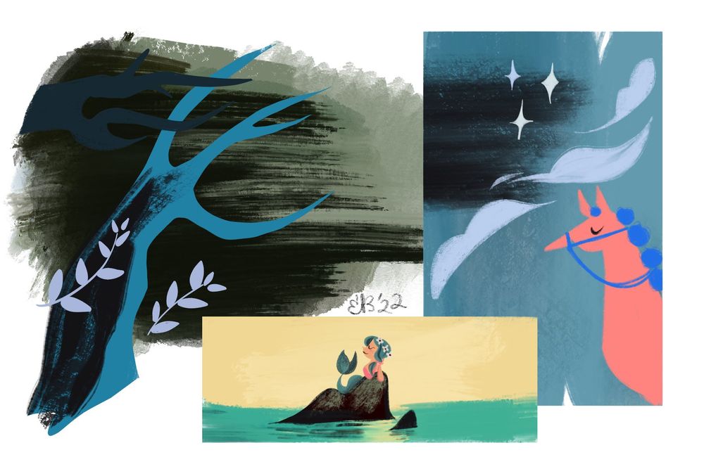 Digital sketches done in the style of Mary Blair’s gouache concept art. There’s a tree on a windy night, a mermaid on a rock, and a horse in the night