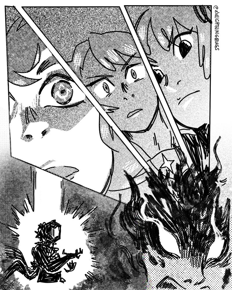 Dramatic page of Lucina, Inigo, and Severa in panels at an angle while Owain is overcome with dark power. Shaded in screen tones. 