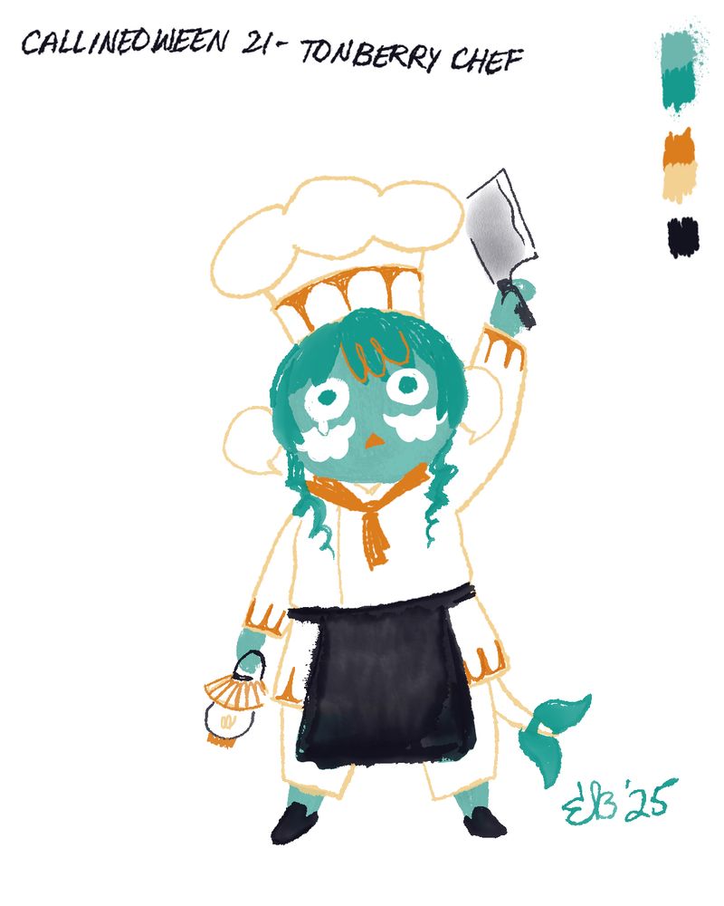A mint green Au ra dressed as a tonberry chef (lantern, flipper tail, and big cleaver)