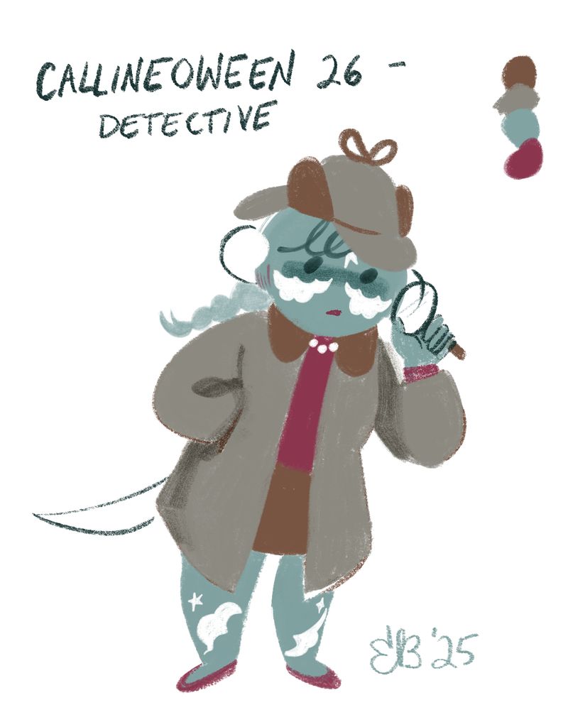 A teal Au ra dressed in a long brown coat and detective hat with a magnifying glass