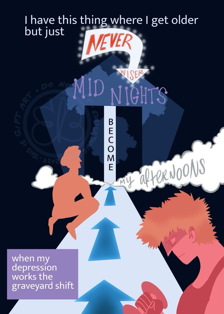 A stylized picture of Kunigami facing down the door to Wild Card selection.
Text: I have this thing where I get older but just never wiser; midnights become my afternoons. When my depression works the graveyard shift (contd)