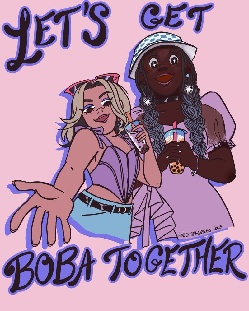 Two women in trendy purple outfits drink bubble teas and look at the viewer. Text behind them reads Let’s Get Boba Together