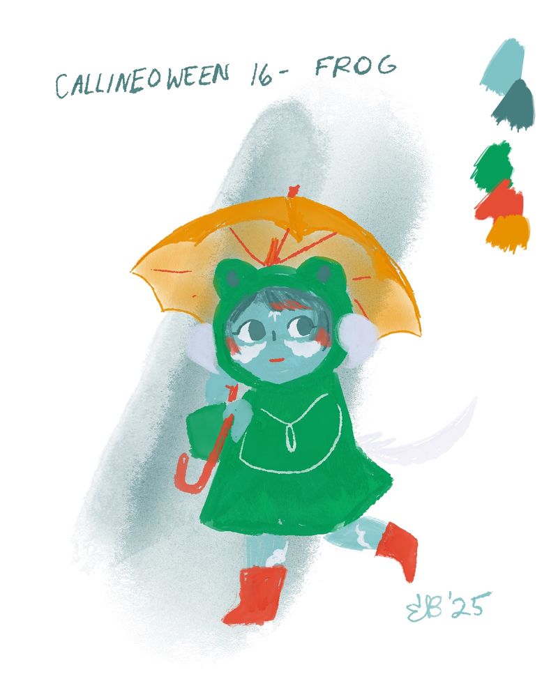 A blue Au ra in a bright green frog-hooded raincoat, carrying a yellow umbrella and sporting red boots