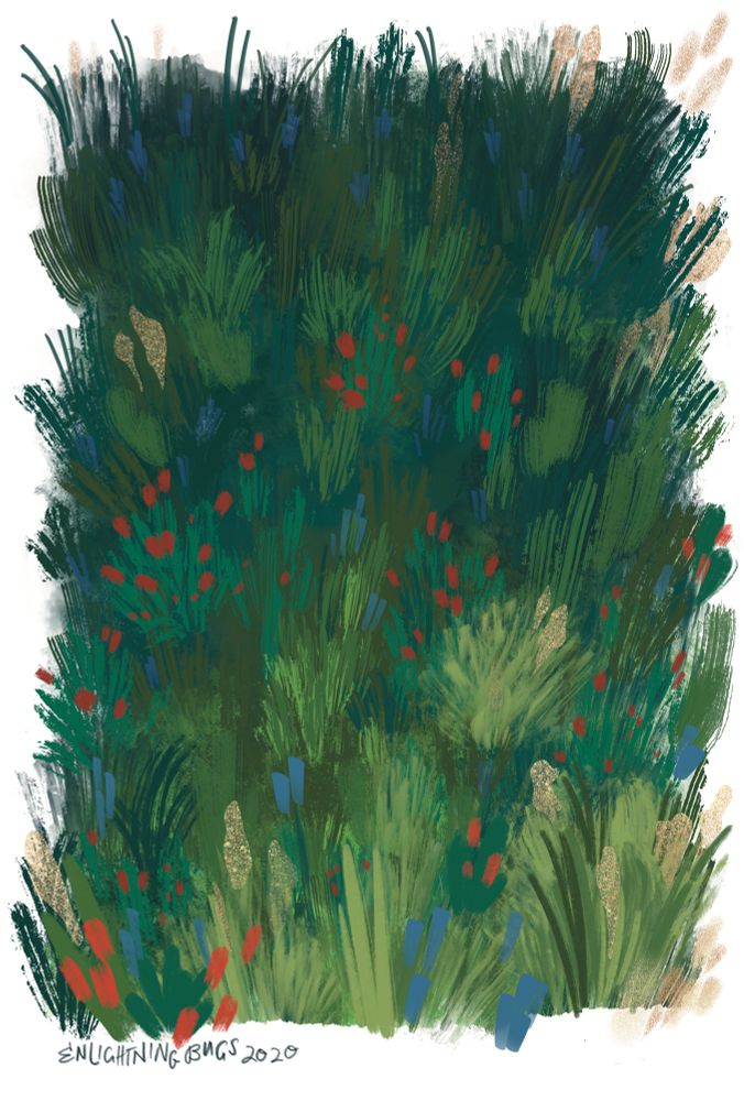 An abstract painted meadow. Yellow grass seeds and red and blue flowers recede into the background as the grass gets darker