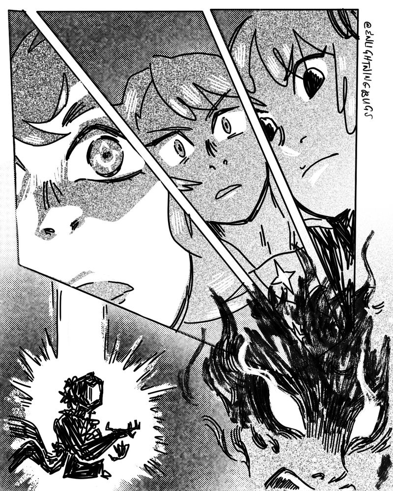 Dramatic page of Lucina, Inigo, and Severa in panels at an angle while Owain is overcome with dark power. Shaded in different screen tones. 