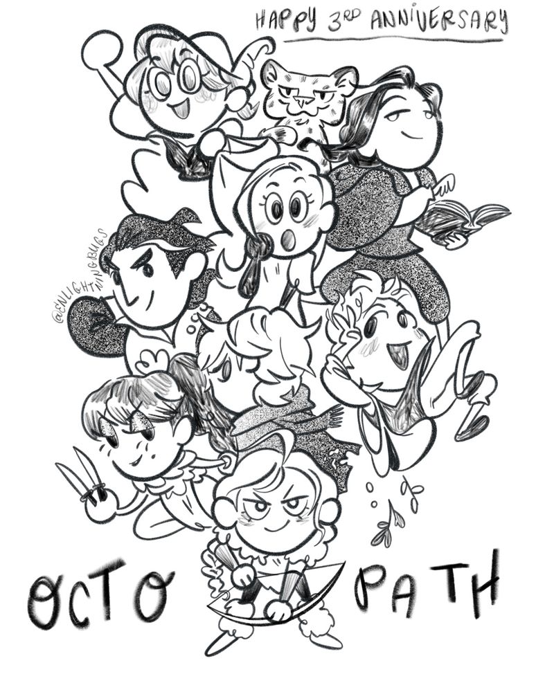 The 8 playable characters Tressa, Cyrus, Ophilia, Olberic, Primrose, Therion, Alfyn, H’aanit (and Linde) drawn in a bouncy cartoon style with thick lines and shaded with scribbles or noise texture