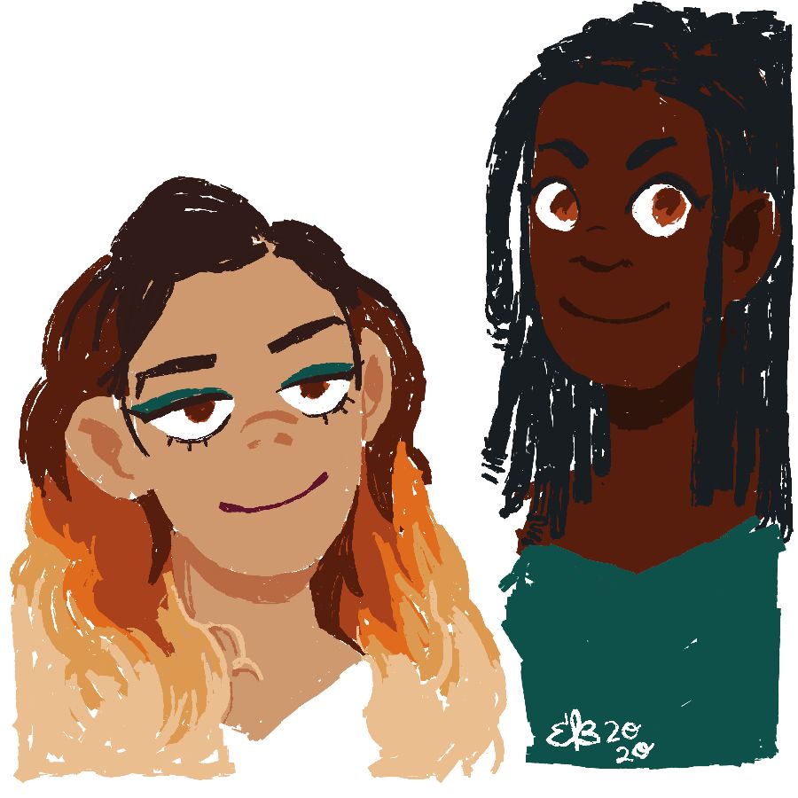 A woman with a badly toned balayage and a taller woman with shoulder length locs 