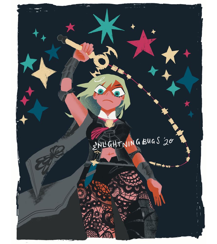 Byleth wielding her whip sword rendered in dramatic blocky colored shapes