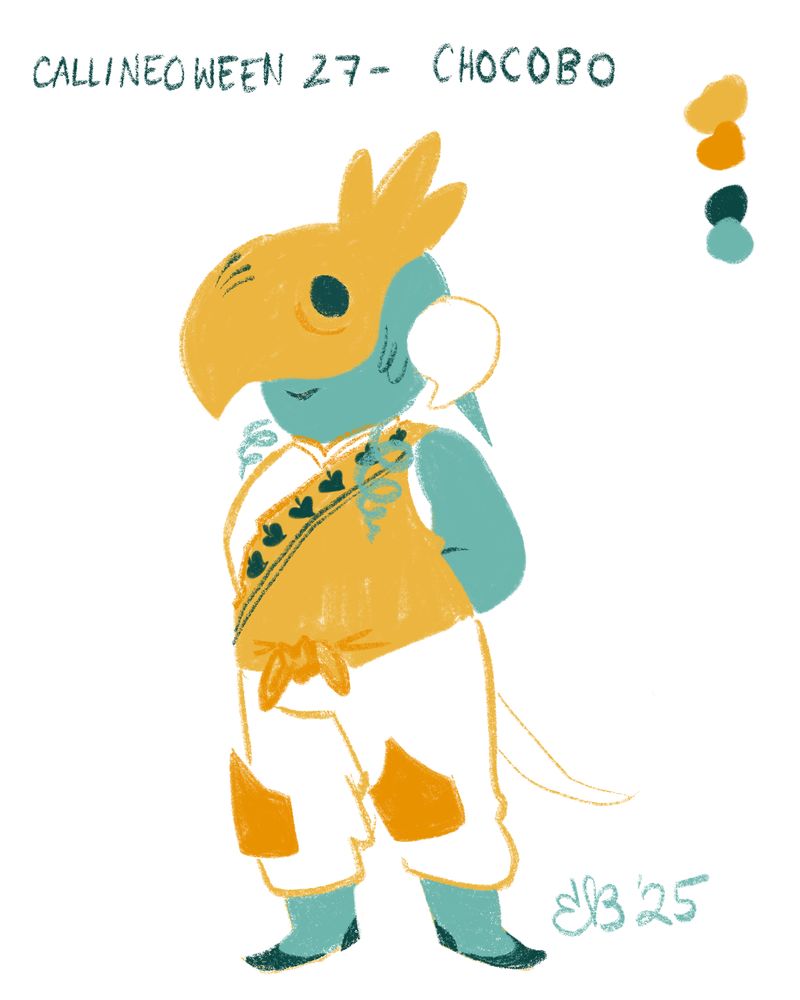A teal Au ra wearing a yellow outfit and chocobo mask like the chocobo porters in thavnair