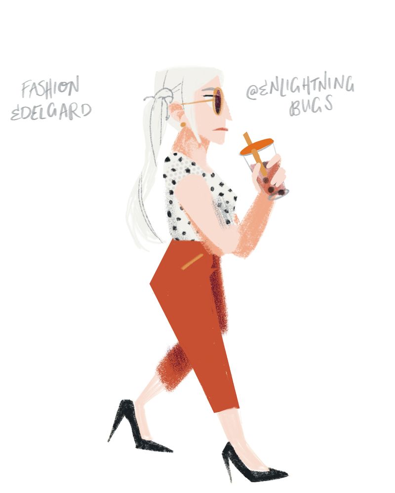 Edelgard with a white t shirt with black polka dots, red cigarette pants, black pumps, sunglasses, and bubble tea