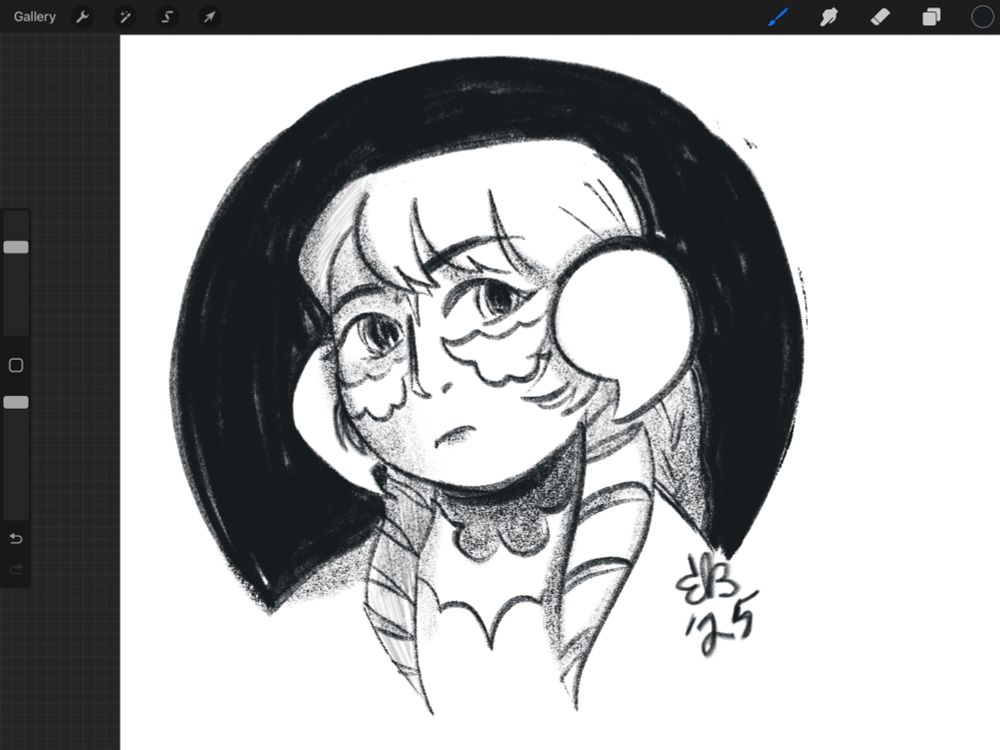 Black and white drawing of an au ra with rounded cashew shaped horns and a corkscrew curl hairstyle made mostly with the procreate shale brush