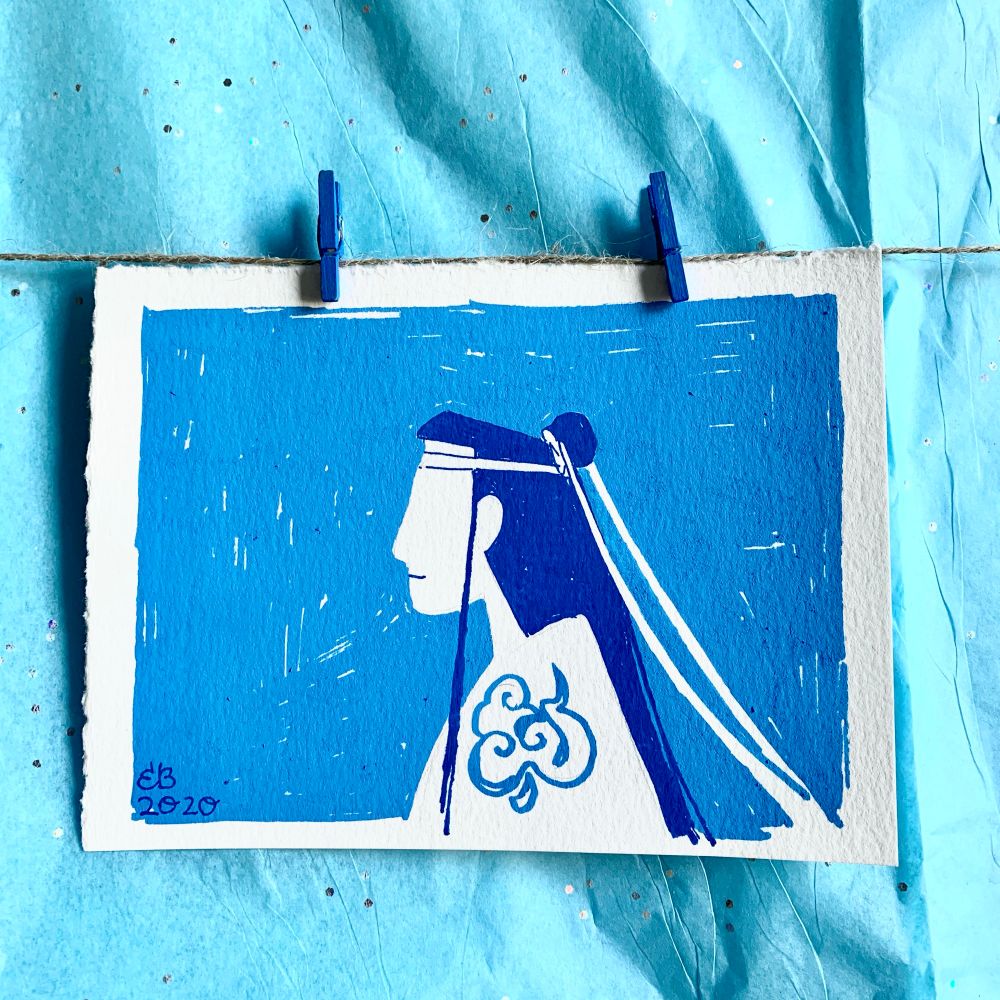 A silhouette of a man in profile carved out of a blue background. He has the white head ribbon and cloud motif on his robes of the Gusu Lan Clan. His eyes are not drawn. 