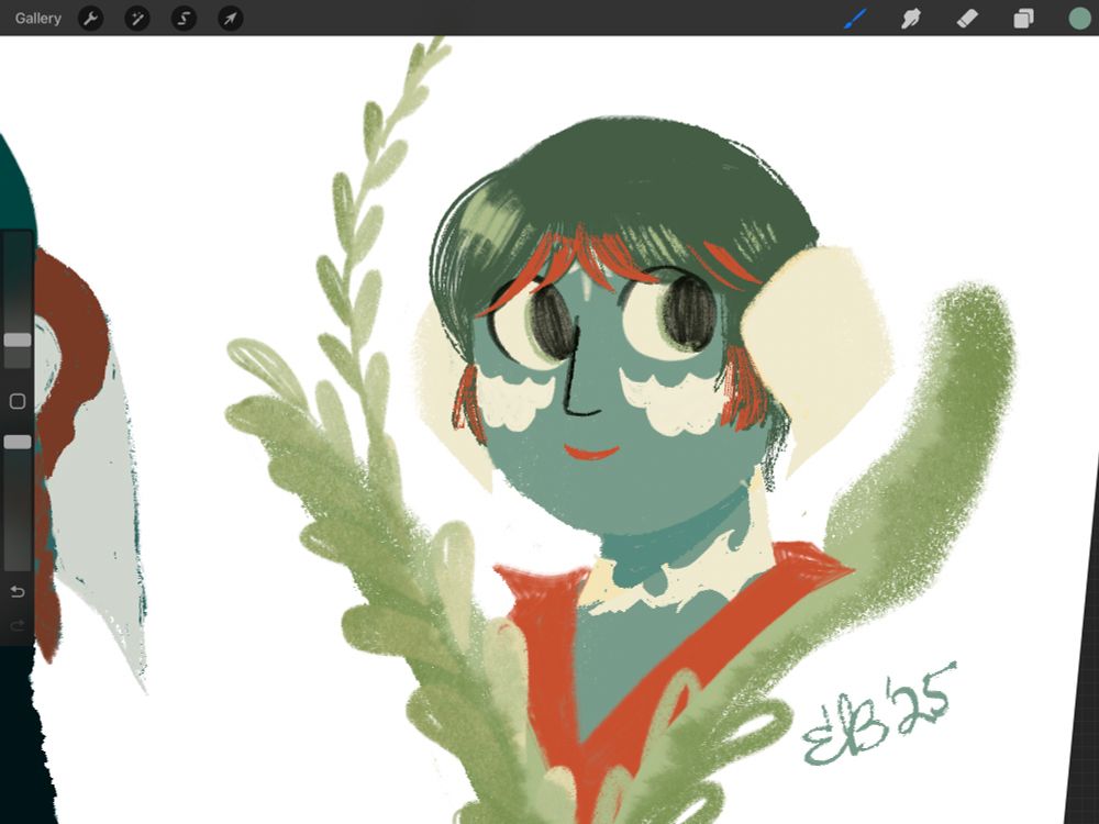Lineless drawing of a blue-green au ra with a bob and white scales and horns. The whole piece is tinted very yellow-green overall. She is wearing a red shirt and framed by light green foliage.