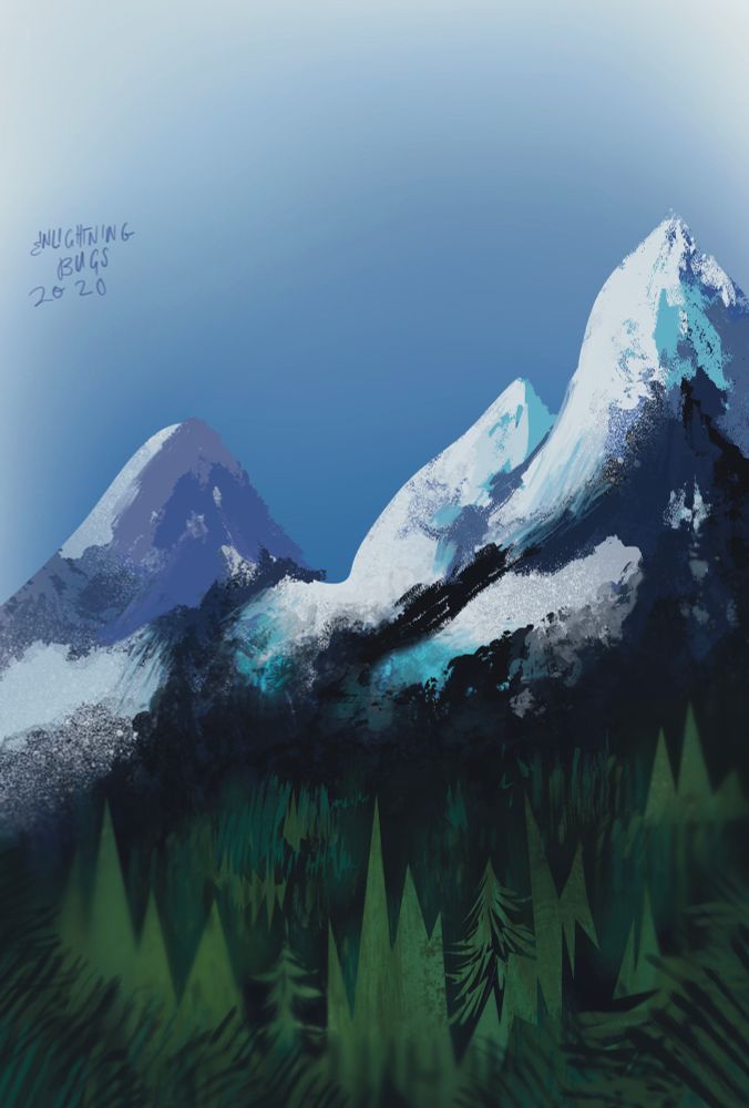 Snow capped mountains before a blue sky. In the foreground are conifer trees in sharp spiky shapes