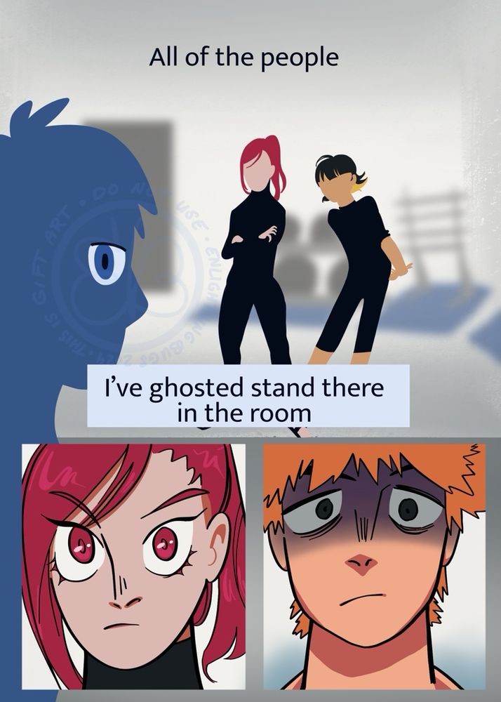 (Cont from prev) all of the people I’ve ghosted stand there in the room
Panel 1: Isagi looking over his shoulder and Chigiri and Bachira standing beyond him in the weightlifting room
Panel 2: Chigiri close up
Panel 3: Kunigami haunted close up