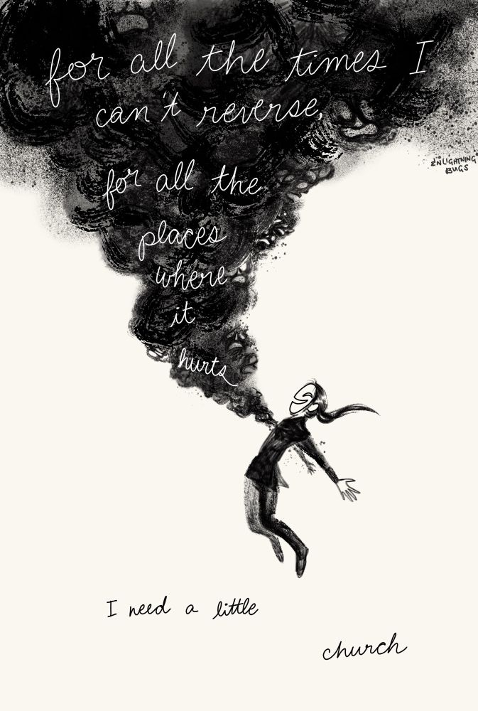 Hua Cheng/Wu Ming absorbing a gritty black cloud full of faces. Cursive text of the lyrics “for all the times I can’t reverse, for all the places where it hurts, I need a little church”
